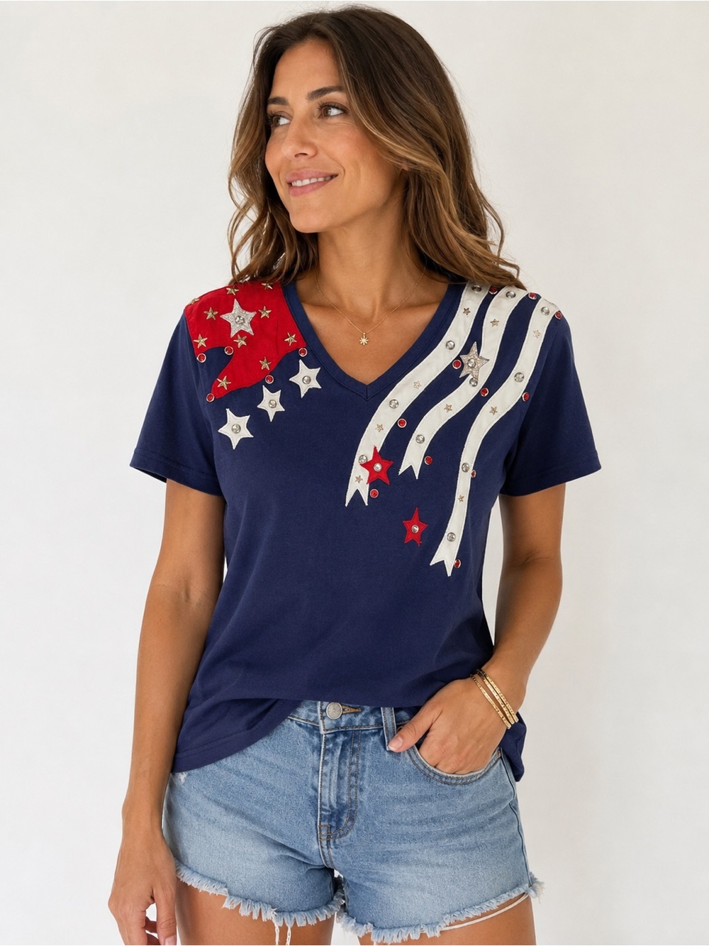 Vintage Cactus Women's Blue Patriotic V-Neck Cotton‎ T-Shirt Size M USA Made